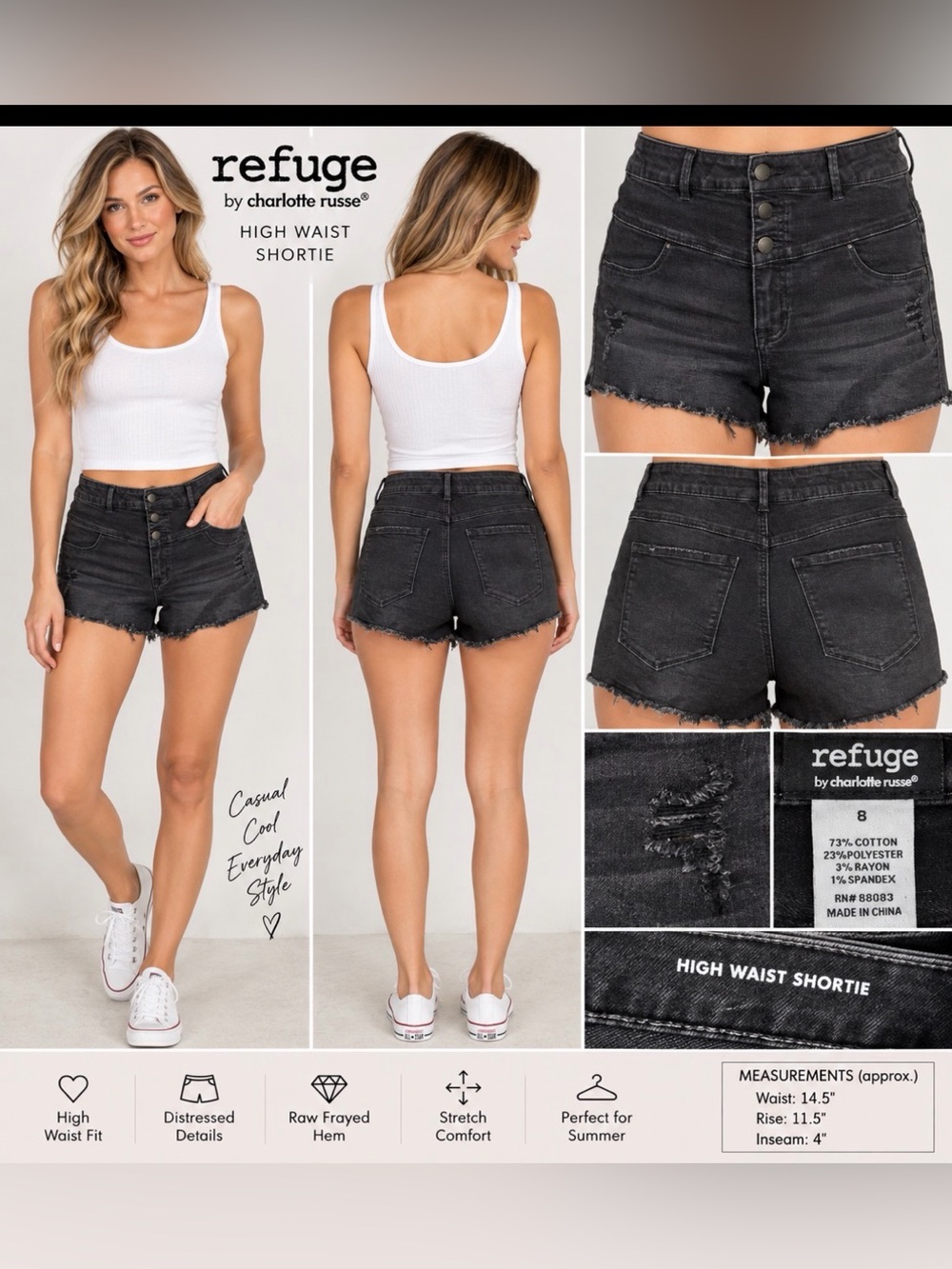 Refuge by Charlotte Russe Black High Waist Distressed Denim Shorts Size 8